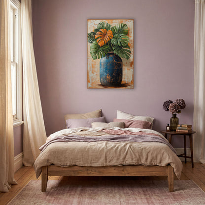 Orange Monstera Rustic Barrel Vase wall art in a warm boho-style room – green monstera leaves and one orange leaf