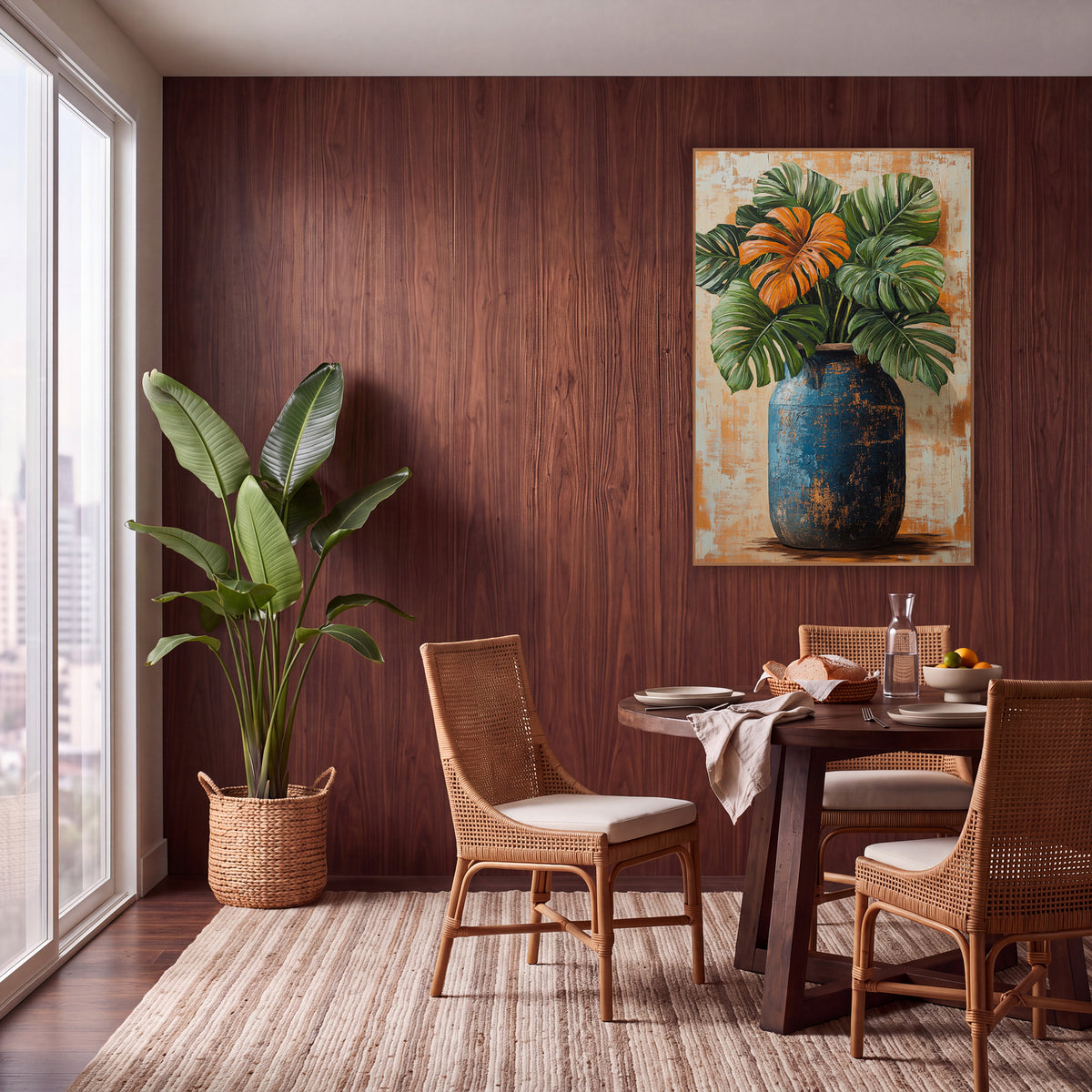 Orange Monstera Rustic Barrel Vase wall art in a warm boho-style room – green monstera leaves and one orange leaf