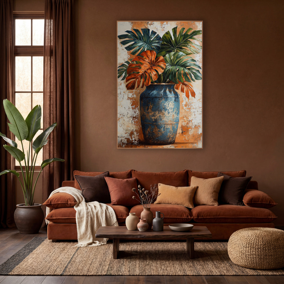 Rust Monstera Leaves Blue Vase Boho wall art in a warm boho-style room – rust orange and deep green monstera leaves