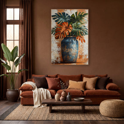 Rust Monstera Leaves Blue Vase Boho wall art in a warm boho-style room – rust orange and deep green monstera leaves