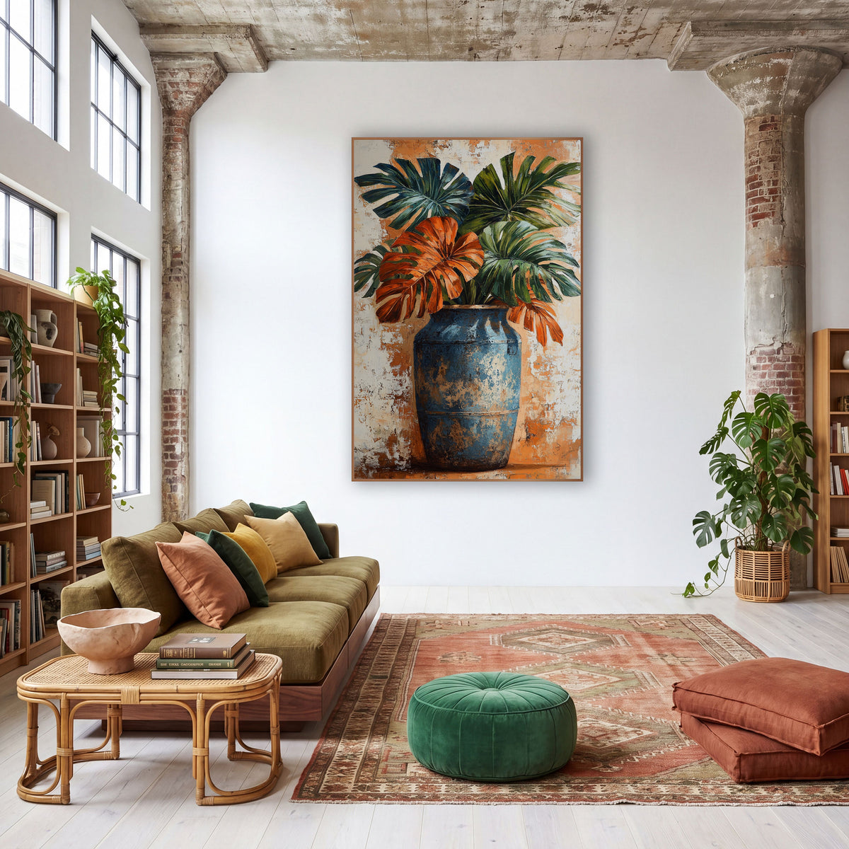 Rust Monstera Leaves Blue Vase Boho wall art in a warm boho-style room – rust orange and deep green monstera leaves