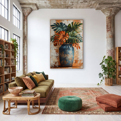 Rust Monstera Leaves Blue Vase Boho wall art in a warm boho-style room – rust orange and deep green monstera leaves