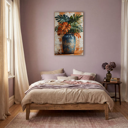 Rust Monstera Leaves Blue Vase Boho wall art in a warm boho-style room – rust orange and deep green monstera leaves