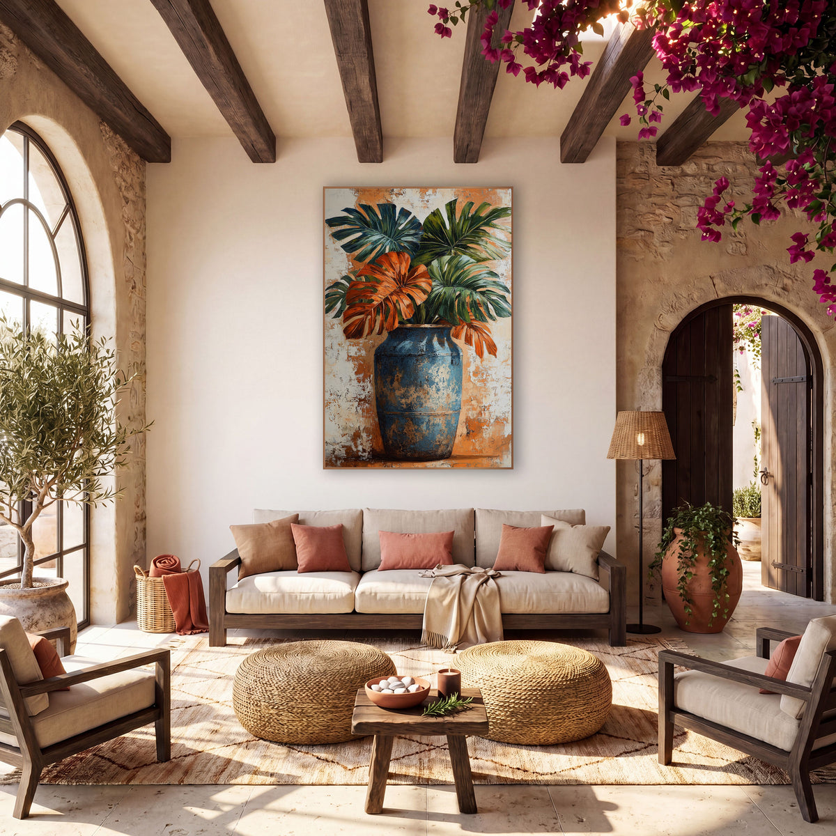 Rust Monstera Leaves Blue Vase Boho wall art in a warm boho-style room – rust orange and deep green monstera leaves