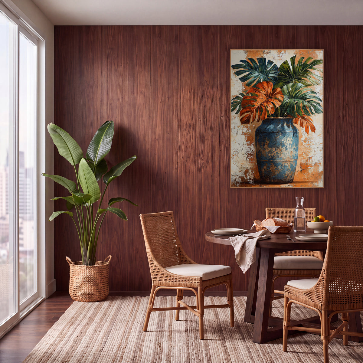 Rust Monstera Leaves Blue Vase Boho wall art in a warm boho-style room – rust orange and deep green monstera leaves