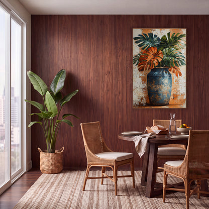 Rust Monstera Leaves Blue Vase Boho wall art in a warm boho-style room – rust orange and deep green monstera leaves