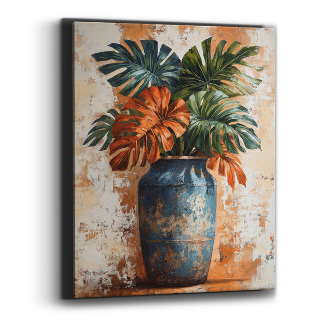 Rust Monstera Leaves Blue Vase Boho Canvas Wall Art