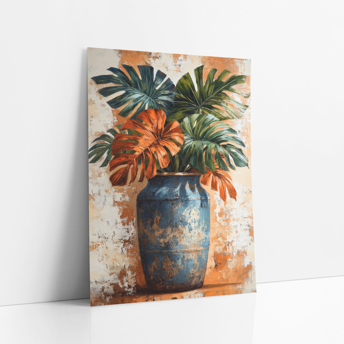 Rust Monstera Leaves Blue Vase Boho art print leaning against a white wall – rust orange and deep green monstera leaves
