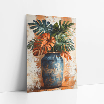 Rust Monstera Leaves Blue Vase Boho art print leaning against a white wall – rust orange and deep green monstera leaves