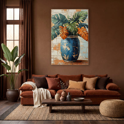 Blue Jar Monstera Leaves Boho wall art in a warm boho-style room – green, navy and orange monstera leaves in a tall