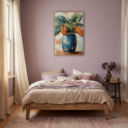 Blue Jar Monstera Leaves Boho wall art in a warm boho-style room – green, navy and orange monstera leaves in a tall