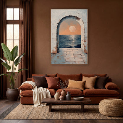 Moonrise Sea Through Arch Boho wall art in a warm boho-style room – pale moon in a peach sky over dark blue sea