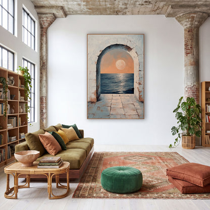 Moonrise Sea Through Arch Boho wall art in a warm boho-style room – pale moon in a peach sky over dark blue sea