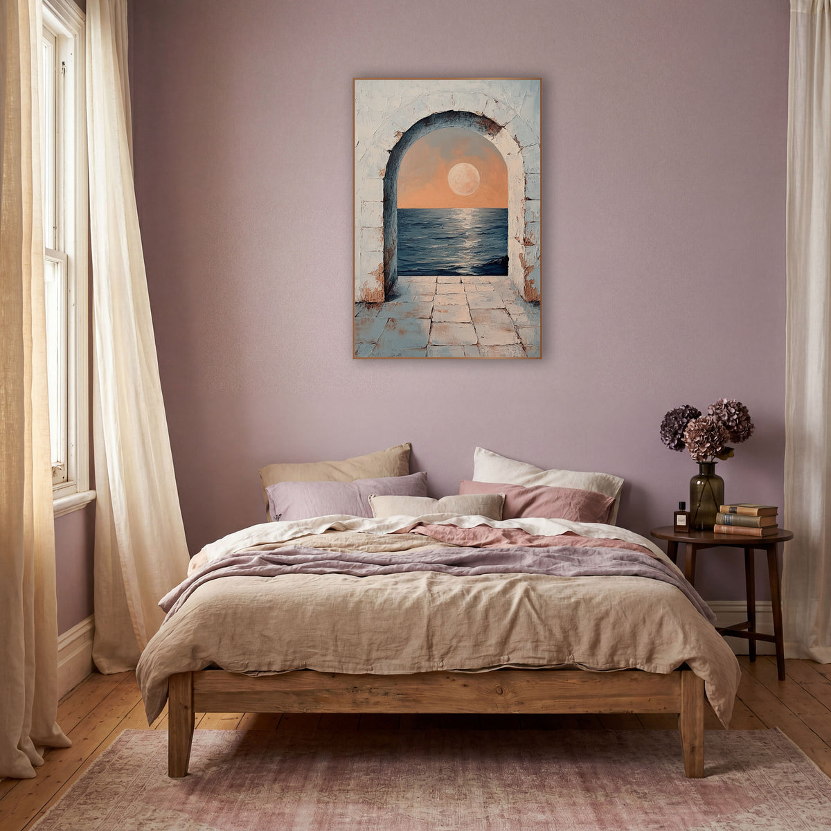 Moonrise Sea Through Arch Boho wall art in a warm boho-style room – pale moon in a peach sky over dark blue sea