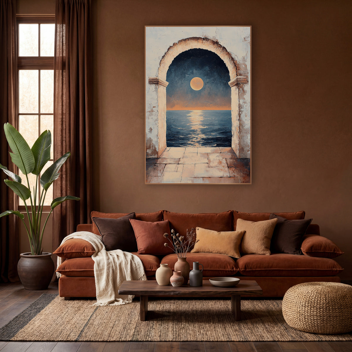 Moonlit Sea Through Arch Mystical wall art in a warm boho-style room – full orange moon over a calm navy sea seen
