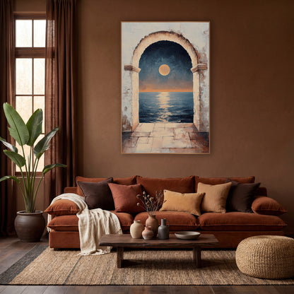 Moonlit Sea Through Arch Mystical wall art in a warm boho-style room – full orange moon over a calm navy sea seen