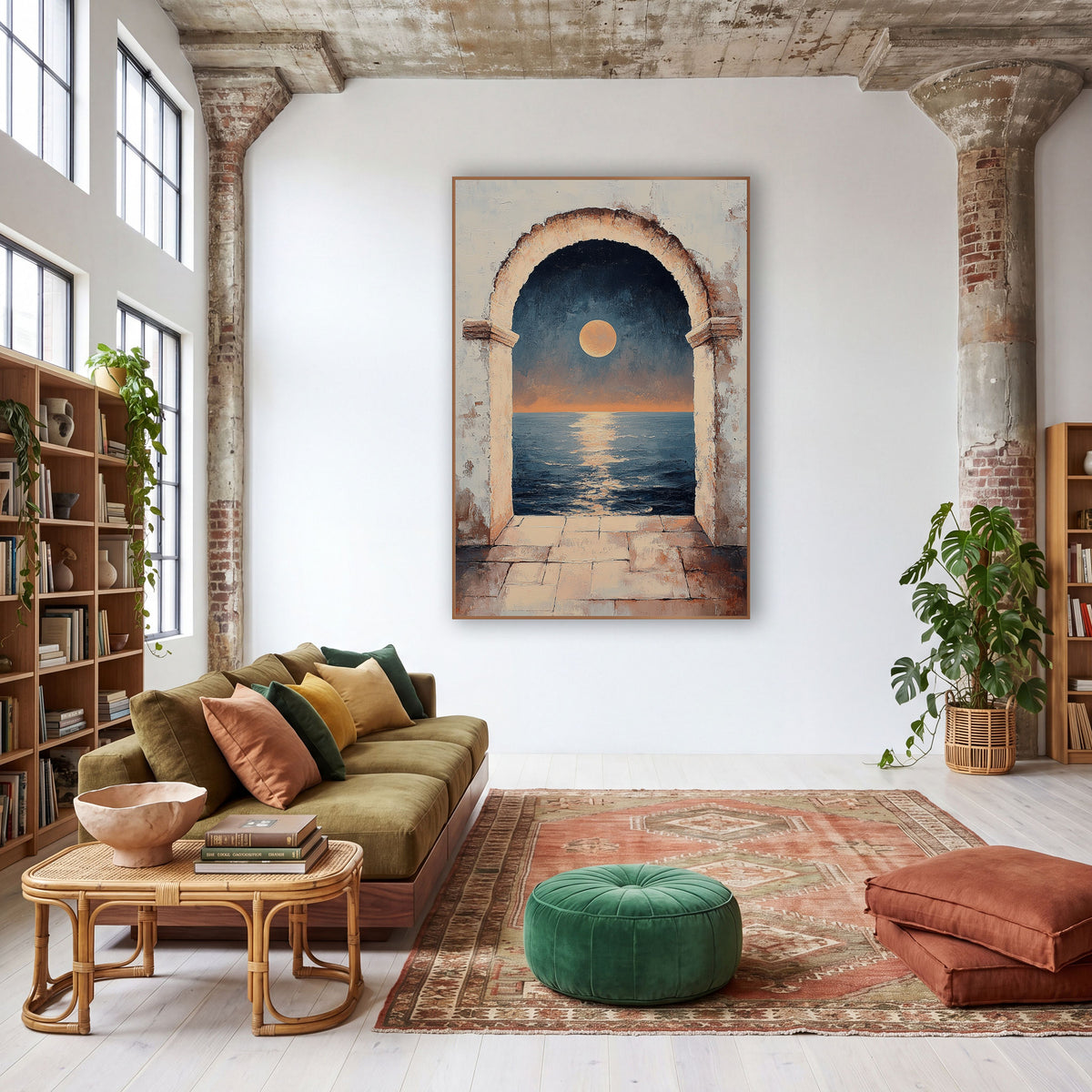 Moonlit Sea Through Arch Mystical wall art in a warm boho-style room – full orange moon over a calm navy sea seen