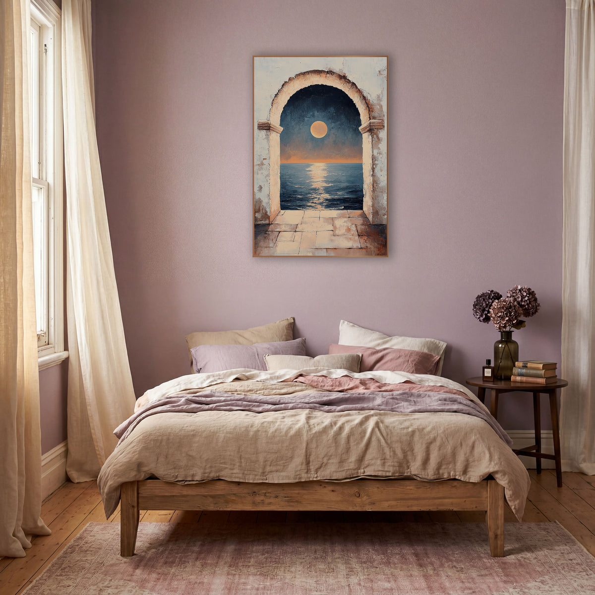 Moonlit Sea Through Arch Mystical wall art in a warm boho-style room – full orange moon over a calm navy sea seen