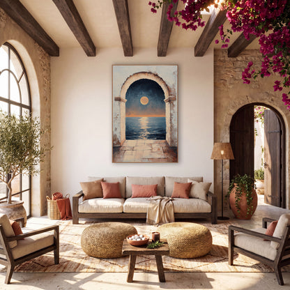 Moonlit Sea Through Arch Mystical wall art in a warm boho-style room – full orange moon over a calm navy sea seen