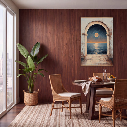 Moonlit Sea Through Arch Mystical wall art in a warm boho-style room – full orange moon over a calm navy sea seen