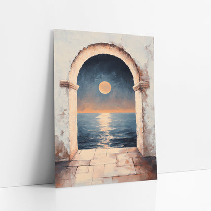 Moonlit Sea Through Arch Mystical art print leaning against a white wall – full orange moon over a calm navy sea seen through