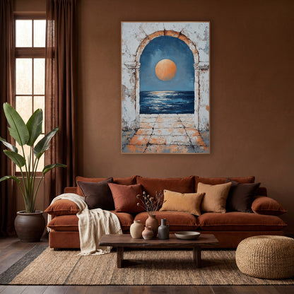 Orange Moon Arch Coastal Boho wall art in a warm boho-style room – large orange moon over dark blue sea seen through