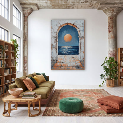 Orange Moon Arch Coastal Boho wall art in a warm boho-style room – large orange moon over dark blue sea seen through