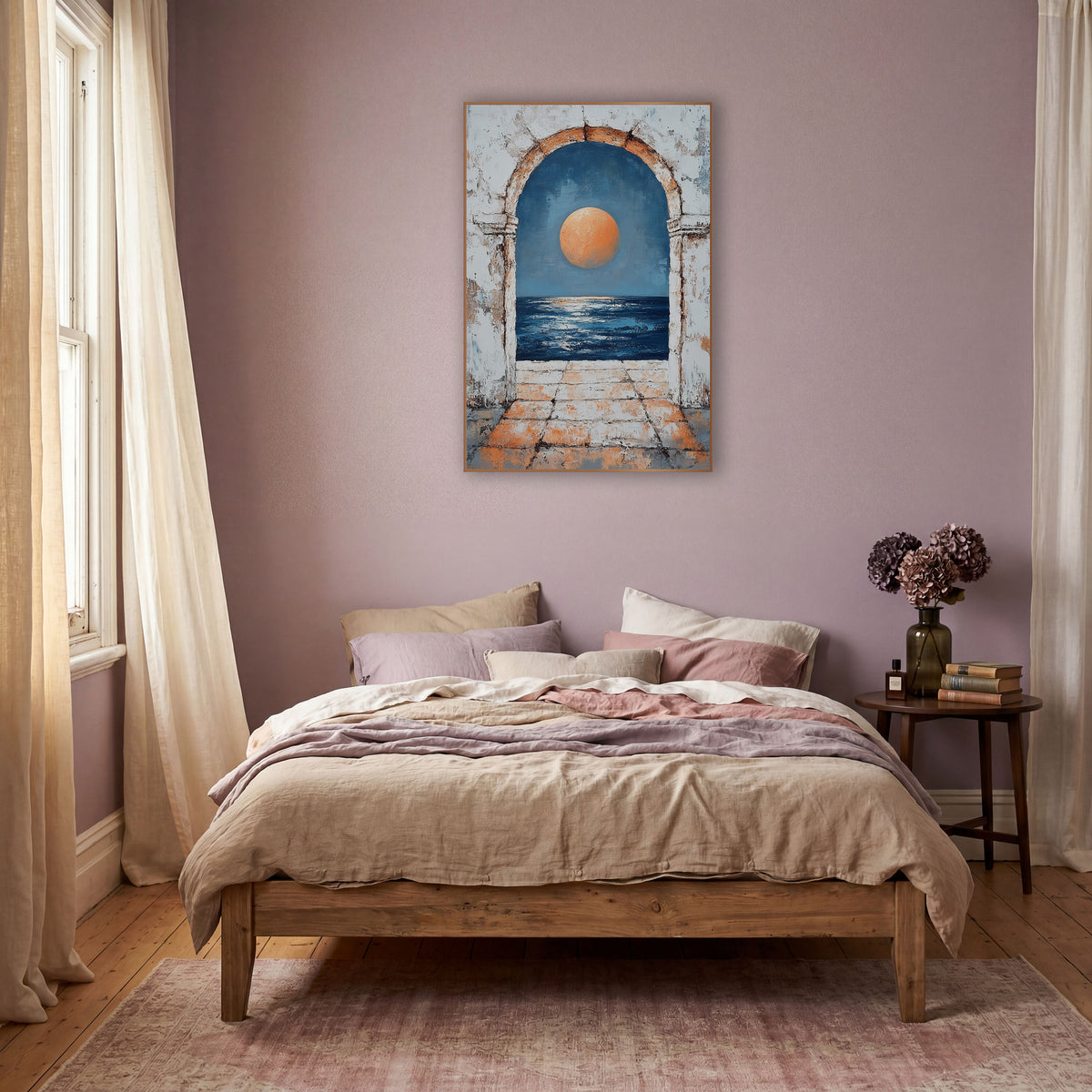 Orange Moon Arch Coastal Boho wall art in a warm boho-style room – large orange moon over dark blue sea seen through