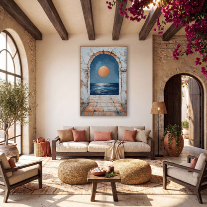 Orange Moon Arch Coastal Boho wall art in a warm boho-style room – large orange moon over dark blue sea seen through