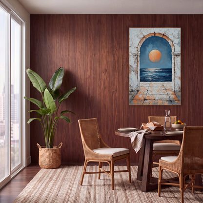 Orange Moon Arch Coastal Boho wall art in a warm boho-style room – large orange moon over dark blue sea seen through