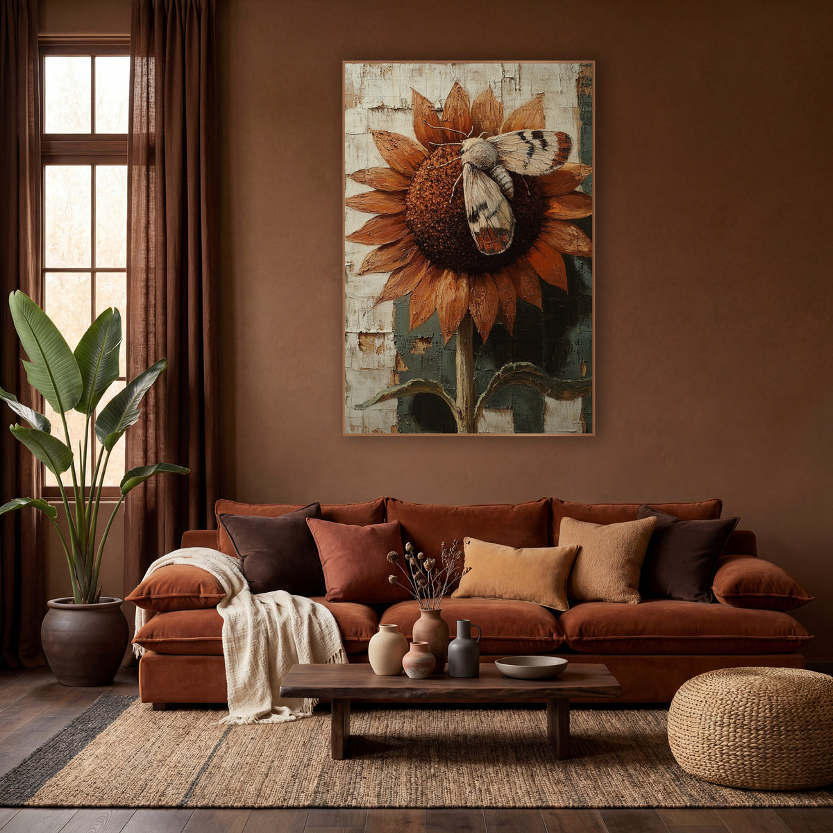 Moth on Sunflower Boho wall art in a warm boho-style room – pale moth with banded wings resting on a rust-orange