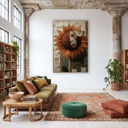 Moth on Sunflower Boho wall art in a warm boho-style room – pale moth with banded wings resting on a rust-orange