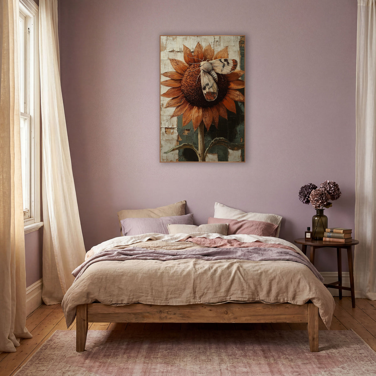 Moth on Sunflower Boho wall art in a warm boho-style room – pale moth with banded wings resting on a rust-orange