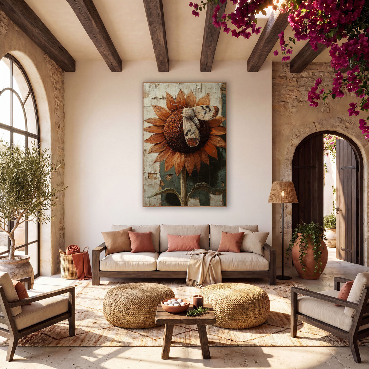 Moth on Sunflower Boho wall art in a warm boho-style room – pale moth with banded wings resting on a rust-orange