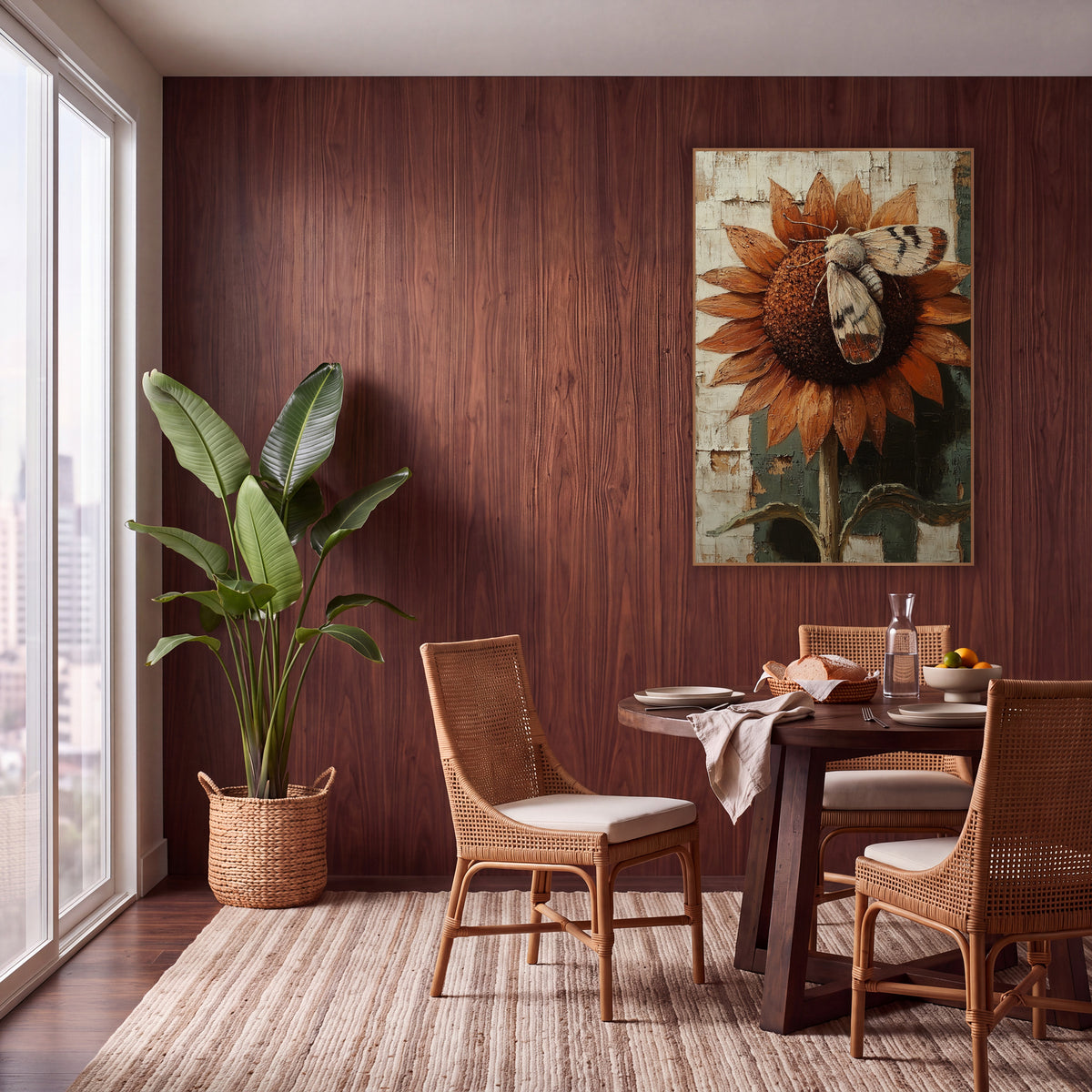 Moth on Sunflower Boho wall art in a warm boho-style room – pale moth with banded wings resting on a rust-orange