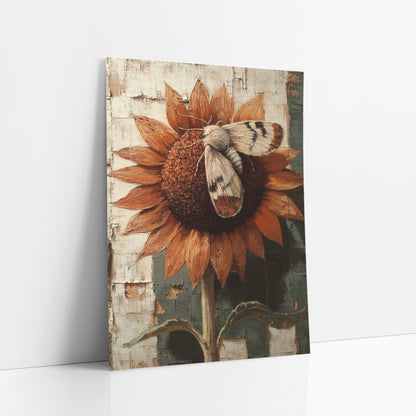 Moth on Sunflower Boho art print leaning against a white wall – pale moth with banded wings resting on a rust-orange