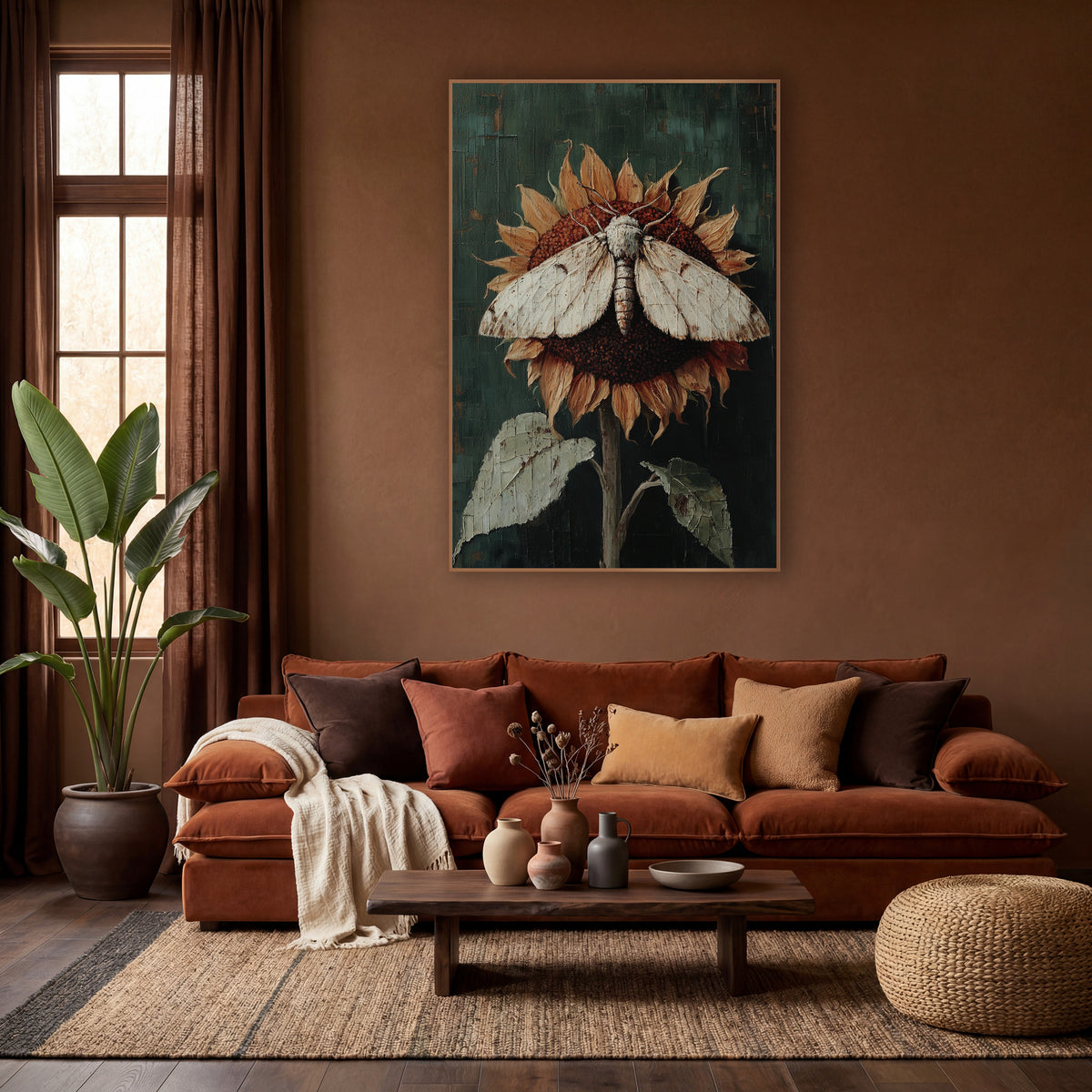 Spread-Wing Moth Withered Sunflower wall art in a warm boho-style room – cream moth with open wings resting on a dried