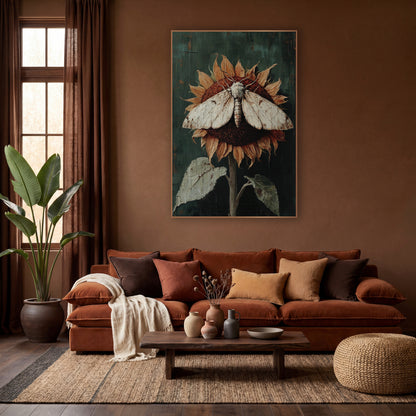 Spread-Wing Moth Withered Sunflower wall art in a warm boho-style room – cream moth with open wings resting on a dried