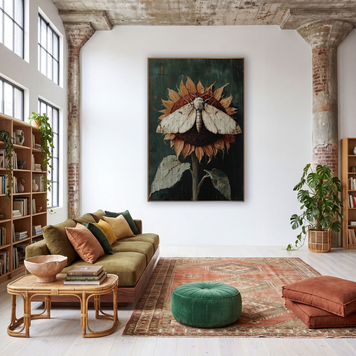 Spread-Wing Moth Withered Sunflower wall art in a warm boho-style room – cream moth with open wings resting on a dried