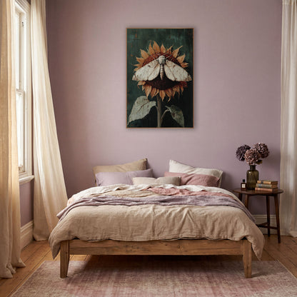 Spread-Wing Moth Withered Sunflower wall art in a warm boho-style room – cream moth with open wings resting on a dried