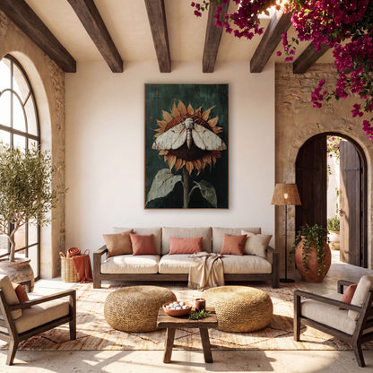 Spread-Wing Moth Withered Sunflower wall art in a warm boho-style room – cream moth with open wings resting on a dried