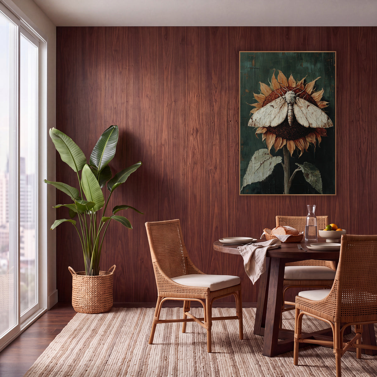 Spread-Wing Moth Withered Sunflower wall art in a warm boho-style room – cream moth with open wings resting on a dried