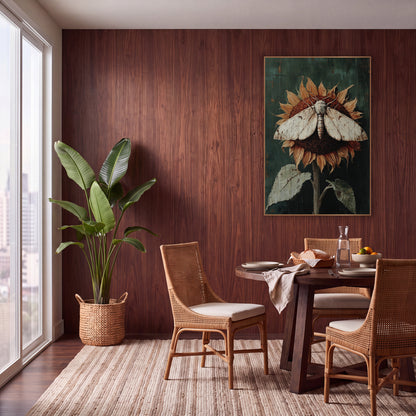 Spread-Wing Moth Withered Sunflower wall art in a warm boho-style room – cream moth with open wings resting on a dried