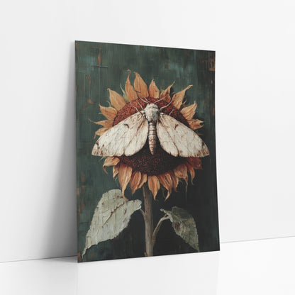 Spread-Wing Moth Withered Sunflower art print leaning against a white wall – cream moth with open wings resting on a dried