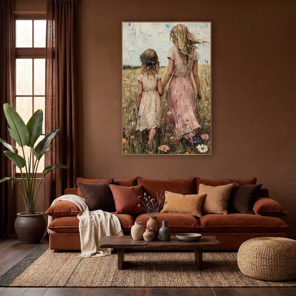 Mother Daughter Wildflower Meadow Boho wall art in a warm boho-style room – woman in pink dress and girl with leaf