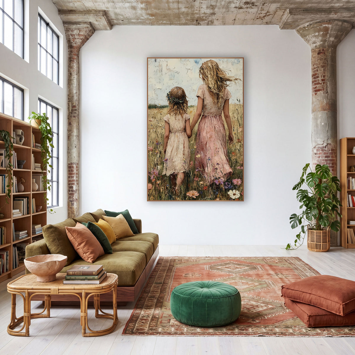 Mother Daughter Wildflower Meadow Boho wall art in a warm boho-style room – woman in pink dress and girl with leaf