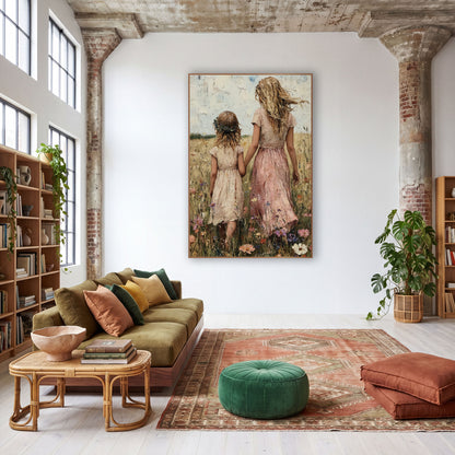 Mother Daughter Wildflower Meadow Boho wall art in a warm boho-style room – woman in pink dress and girl with leaf