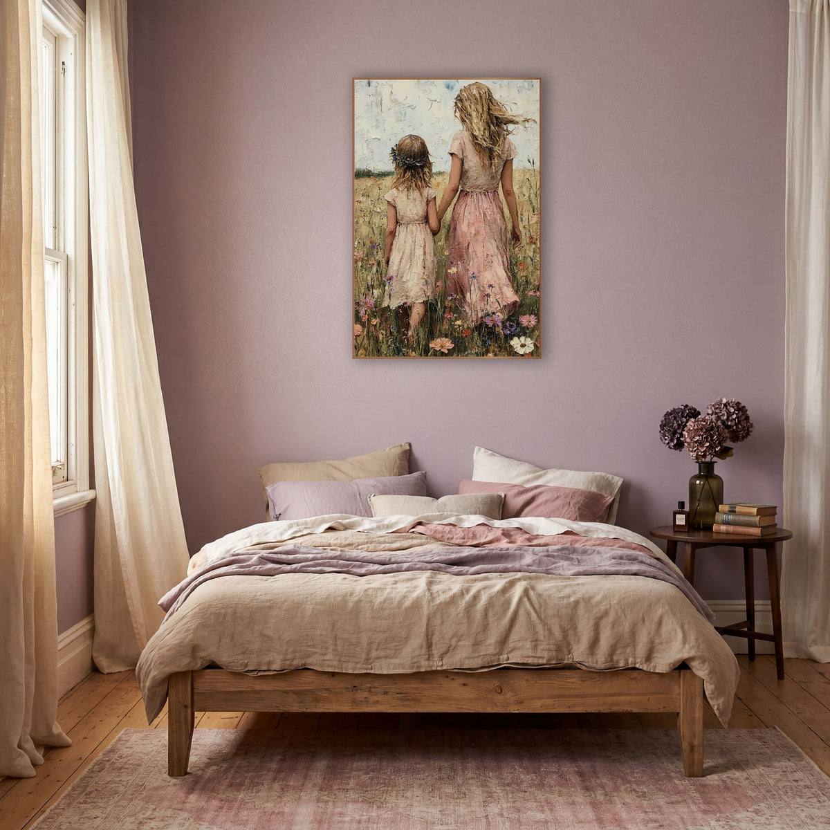 Mother Daughter Wildflower Meadow Boho wall art in a warm boho-style room – woman in pink dress and girl with leaf