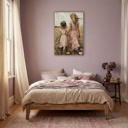 Mother Daughter Wildflower Meadow Boho wall art in a warm boho-style room – woman in pink dress and girl with leaf