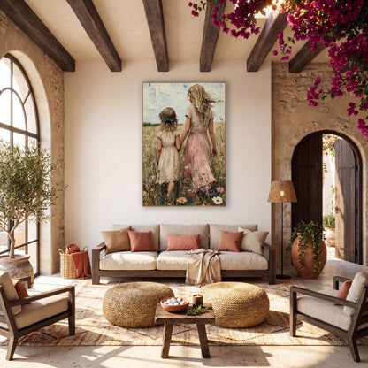 Mother Daughter Wildflower Meadow Boho wall art in a warm boho-style room – woman in pink dress and girl with leaf